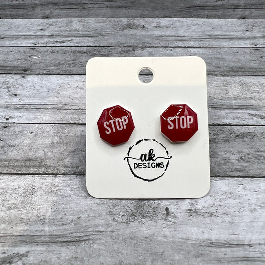 Handmade Plastic Stop Sign Traffic Cop Crossing Guard Lightweight Stud Earrings