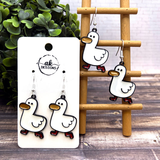 Whimsical Cartoon White Duck  Goose  Earrings - Animal Design Black Painted Enamel Hypoallergenic Hooks - Gift for Animal Lovers