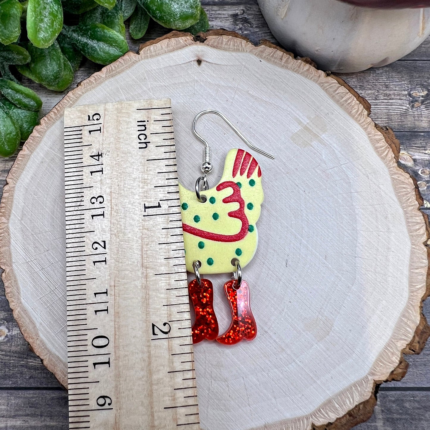 Ditsy Chicken with Glitter Red Boots Acrylic Earrings