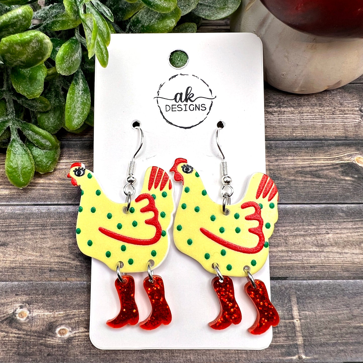 Ditsy Chicken with Glitter Red Boots Acrylic Earrings