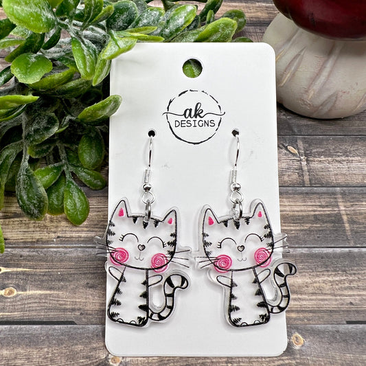 Clear Acrylic Black and White Kitty Cat Rosy Cheeks  Earrings, Hypoallergenic Gift