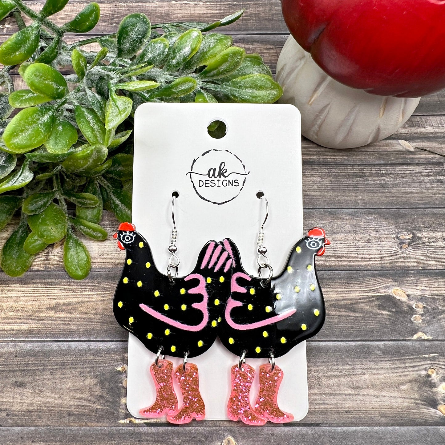 Ditsy Chicken with Glitter Boots Opposites Acrylic Lightweight Dangle Earrings | Hypoallergenic Gift Animal Lovers