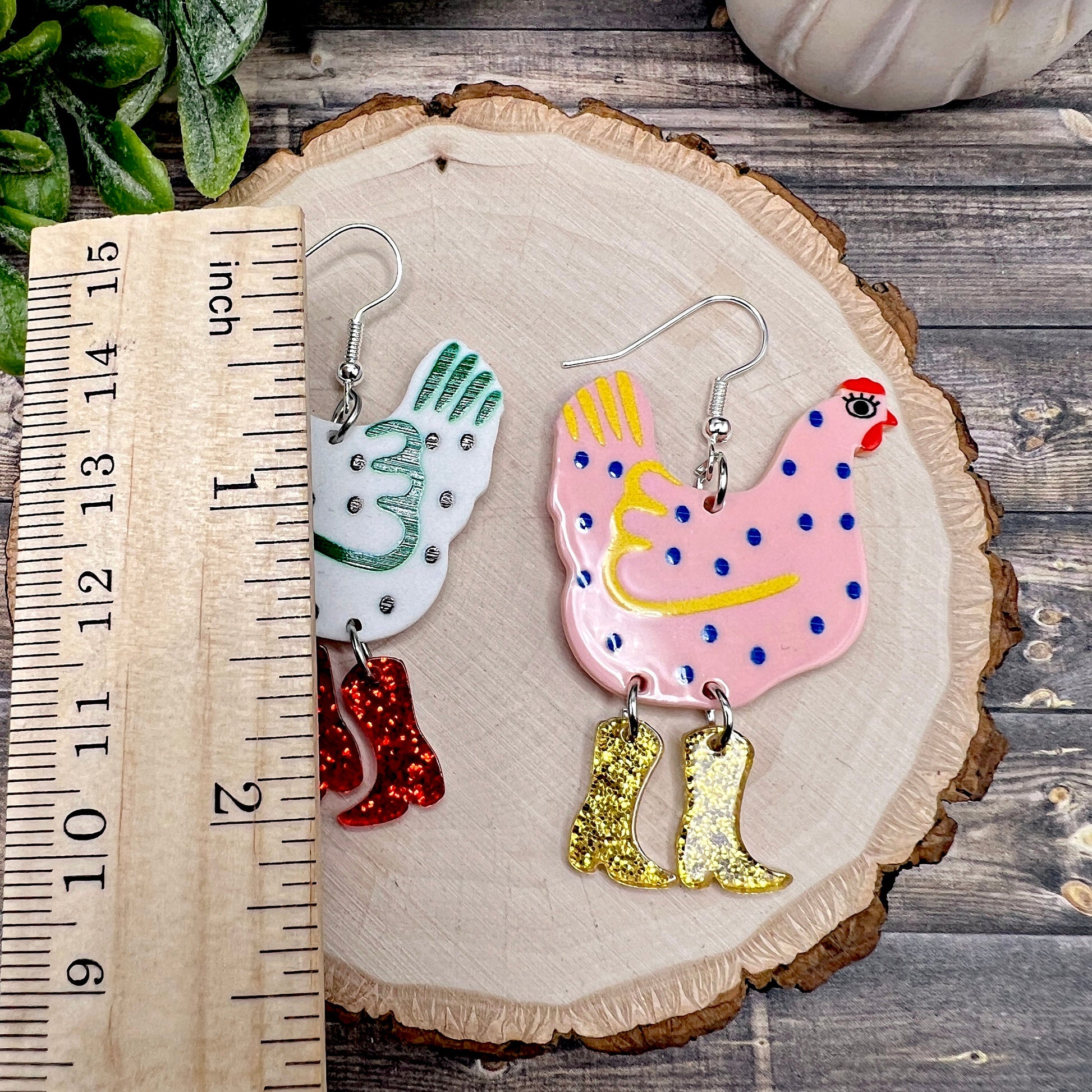 Ditsy Chicken with Glitter Boots Opposites Acrylic Lightweight Dangle Earrings | Hypoallergenic Gift Animal Lovers