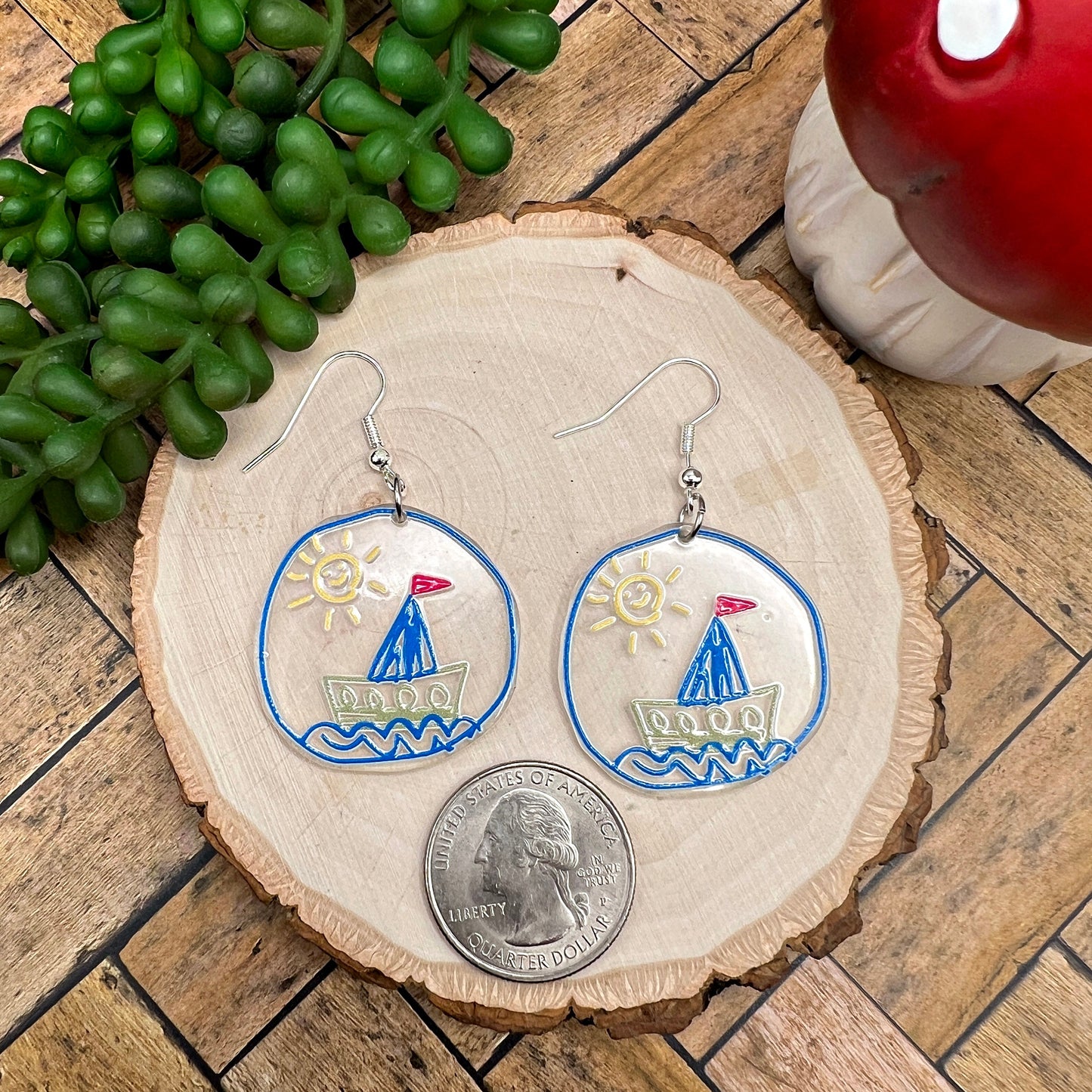 Boat Sailing Sun Doodle Acrylic Clear Lightweight Dangle Earrings | Hypoallergenic Gift