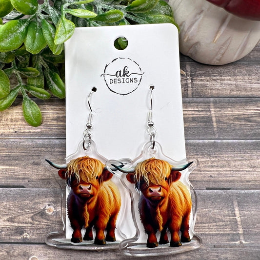 Highland Cow Watercolor Acrylic Earrings