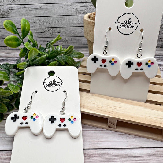 Video Game Gaming Controller, White Resin Silver/Silver-tone  Earrings, Hypoallergenic Gift
