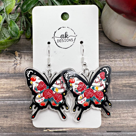 Goth Skeleton Butterfly & Roses Earrings