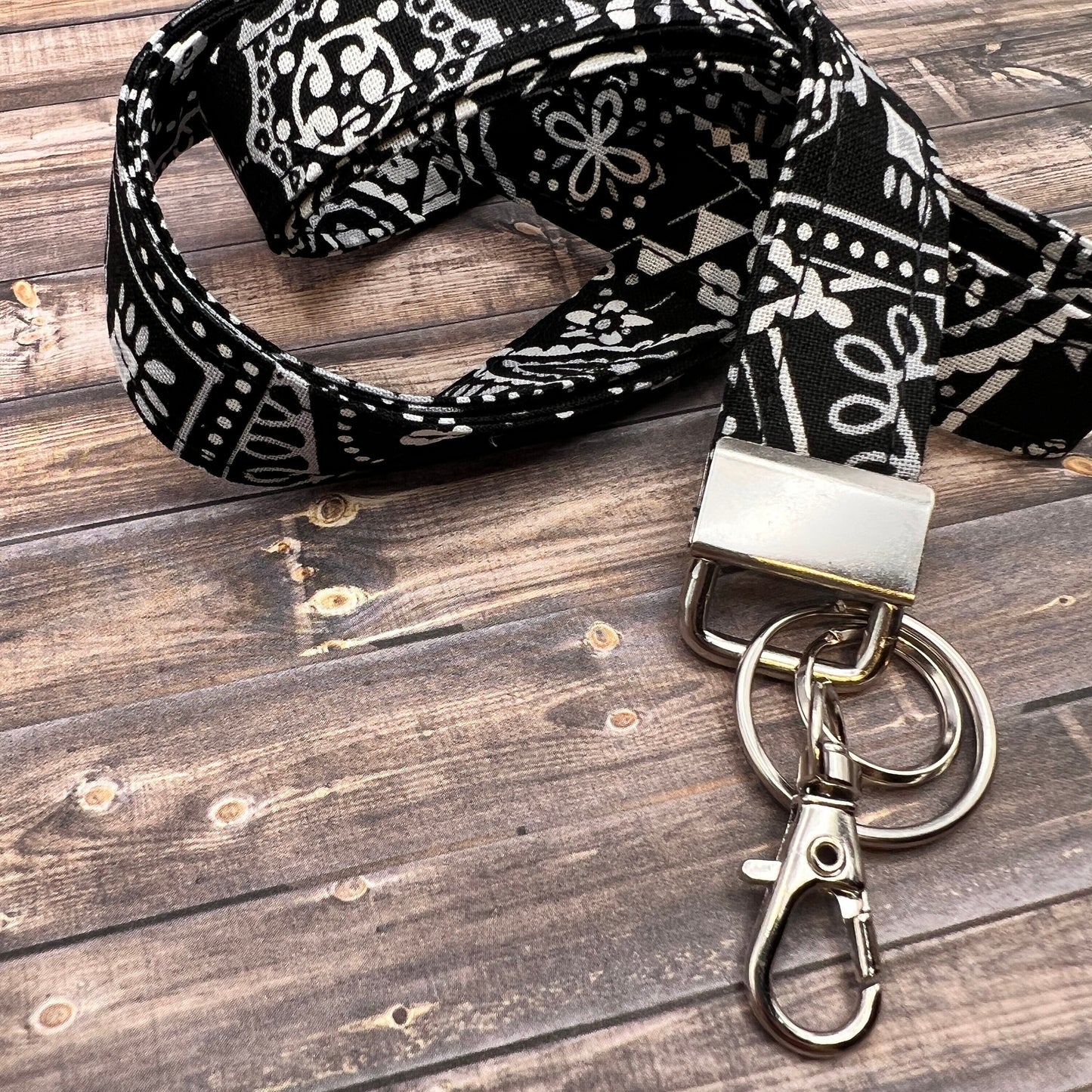 Handmade 20" Fabric Black Bandana Print Lanyard Breakaway Keychain Keys ID Badge Holder