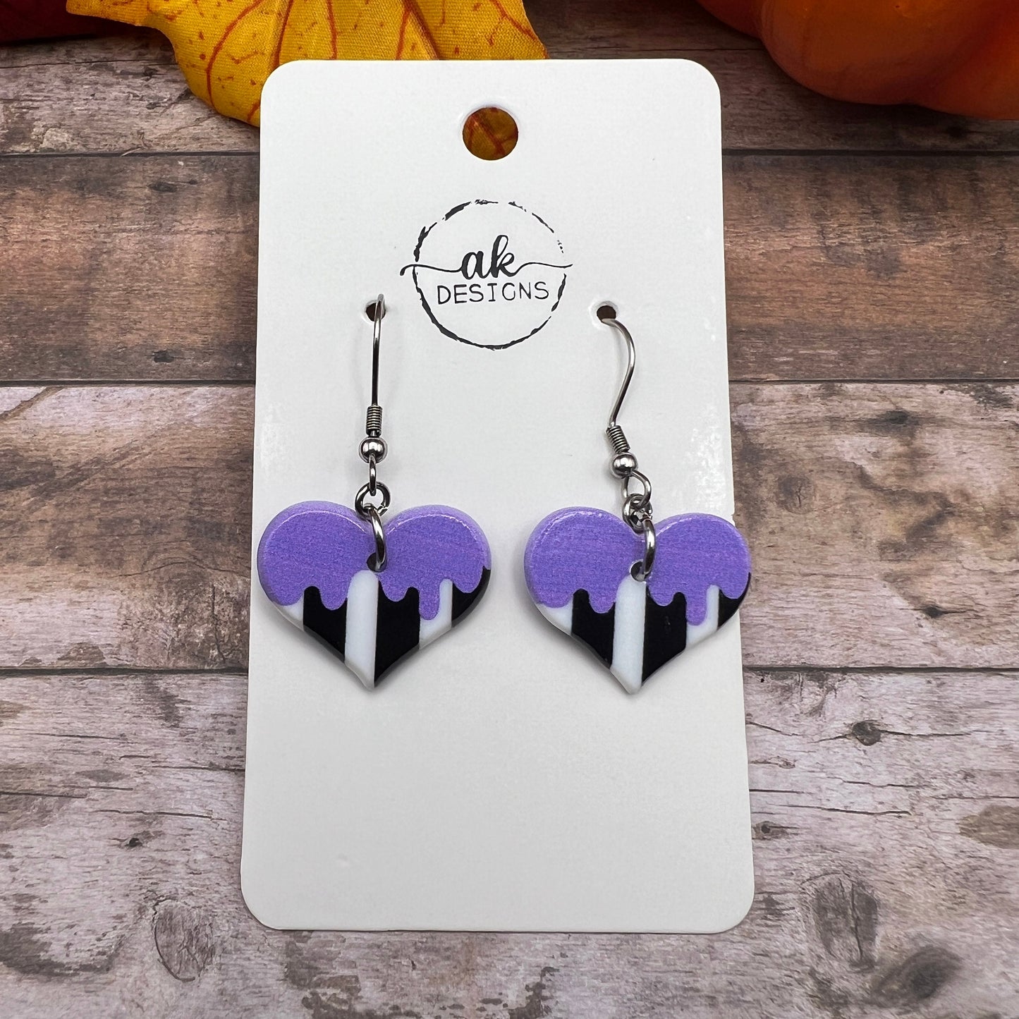 Black White and Purple Striped Heart Halloween Earrings