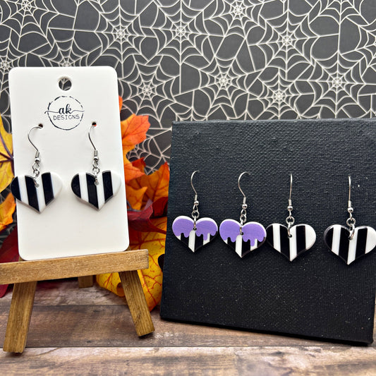 Black White and Purple Striped Heart Halloween Earrings
