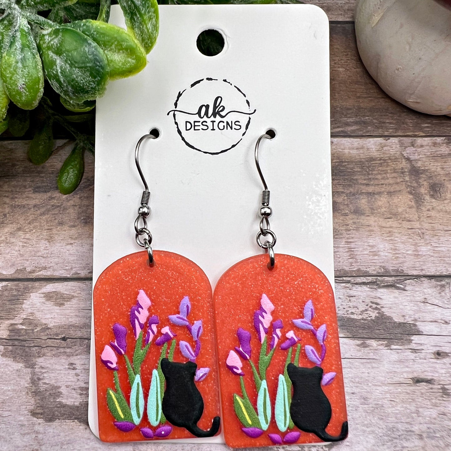 Black Cat Orchid / Lilly Garden Orange Acrylic Earrings