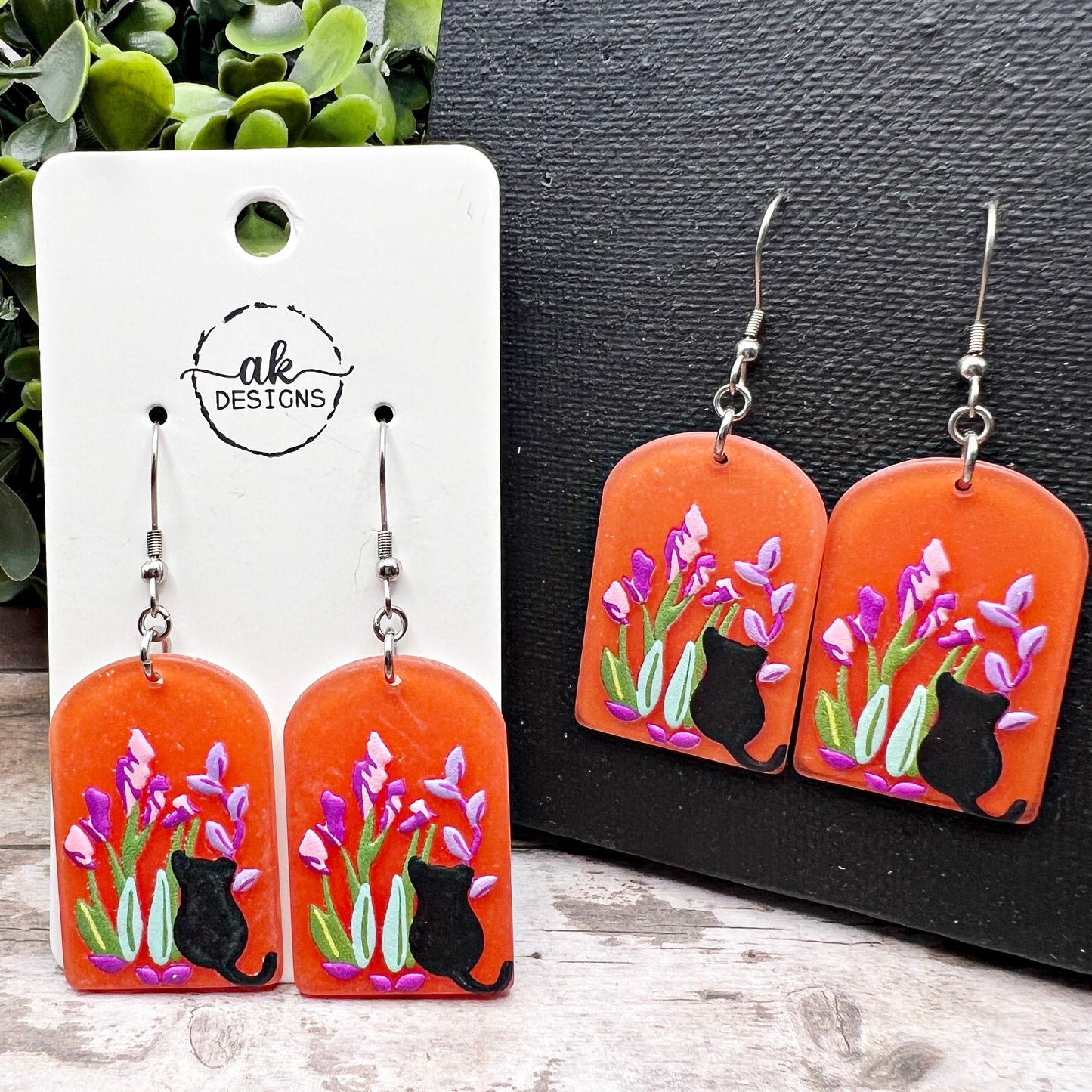 Black Cat Orchid / Lilly Garden Orange Acrylic Earrings