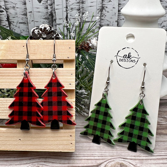 Buffalo Plaid Acrylic Christmas Tree Dangle Earrings, Hypoallergenic, Printed Both Sides