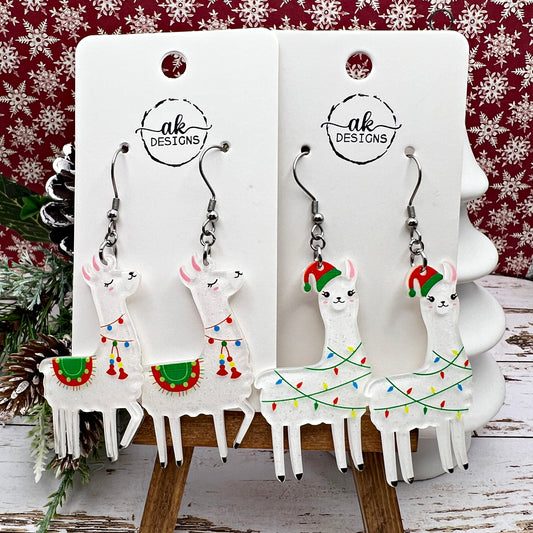 White Glitter Acrylic Llama Alpaca Holiday Lights, Stainless Steel Dangle Earrings, Hypoallergenic Christmas Gift