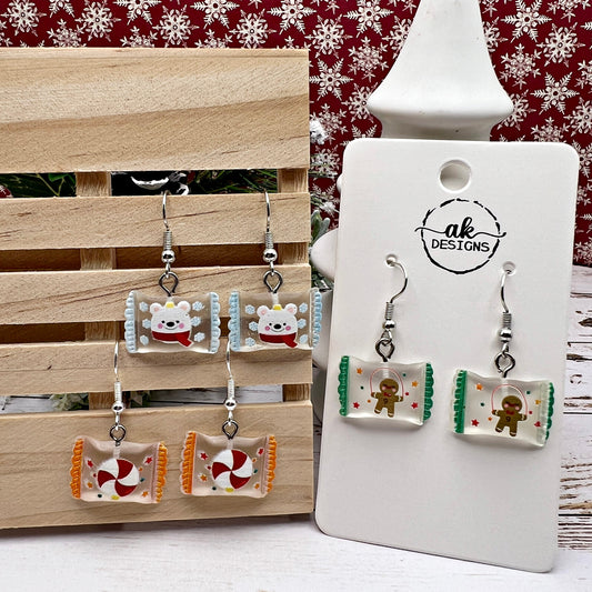 Wrapped Candy Christmas Snow Polar Bear Gingerbread Hypoallergenic Earrings