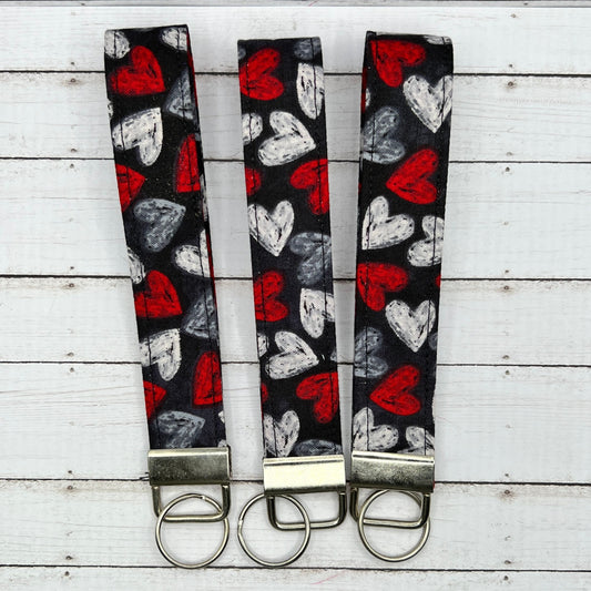 Handmade    Black Red White Doodle Chalk Heart Print   6" Fabric Key Fob Keyfob Keychain Wristlet Keys