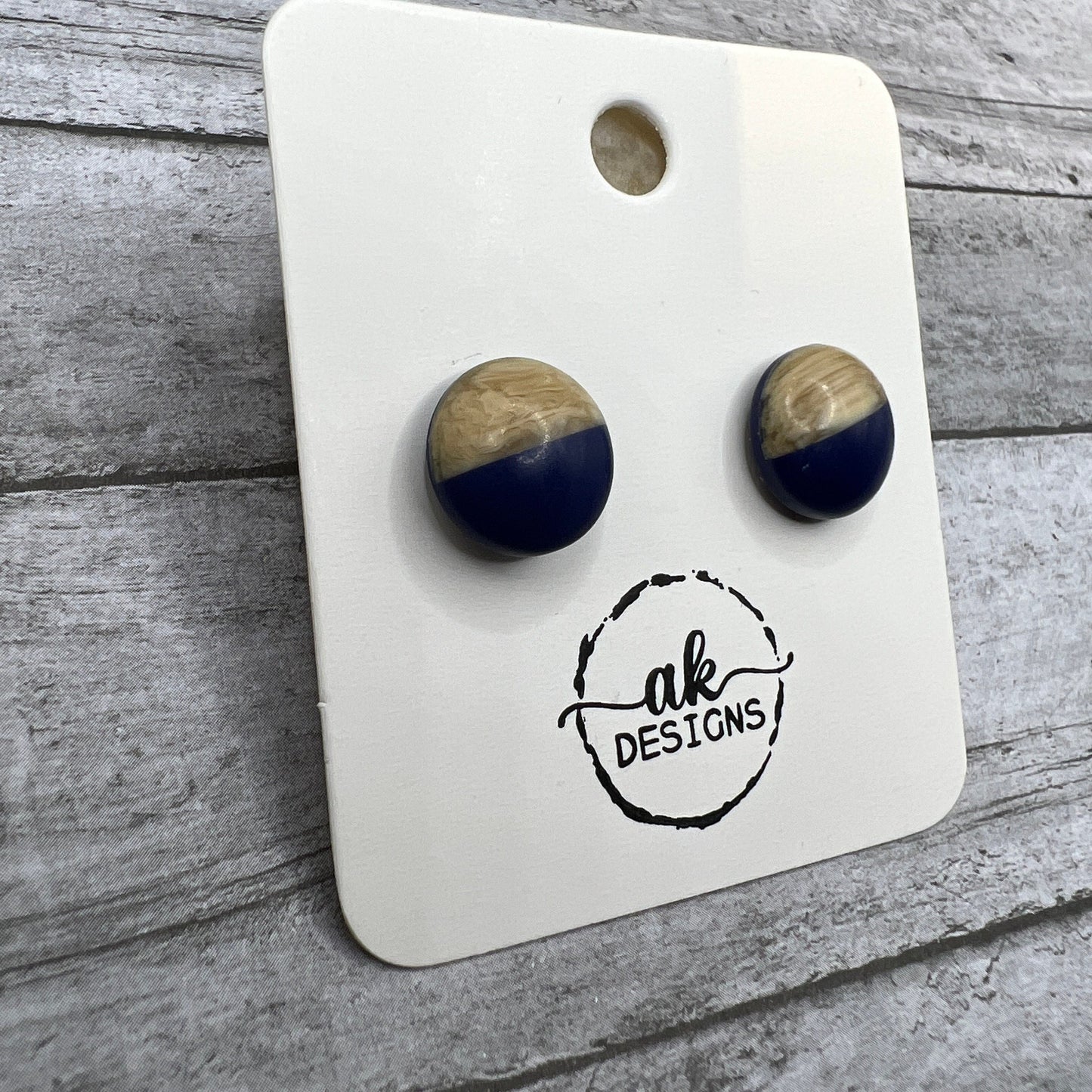 Navy Cabochon Resin and Wood Stud Earrings - Clearance
