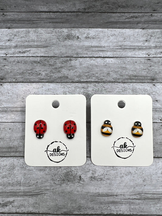Hypoallergenic Resin Ladybug Bumblebee Petite Stud Earrings - Clearance