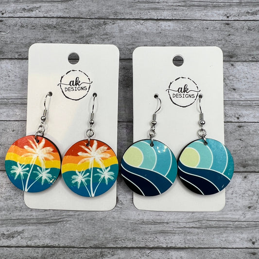 Handmade Sunset Sunrise Beach Ocean Palm Tree Waves Sublimated Circle  Earrings - Clearance