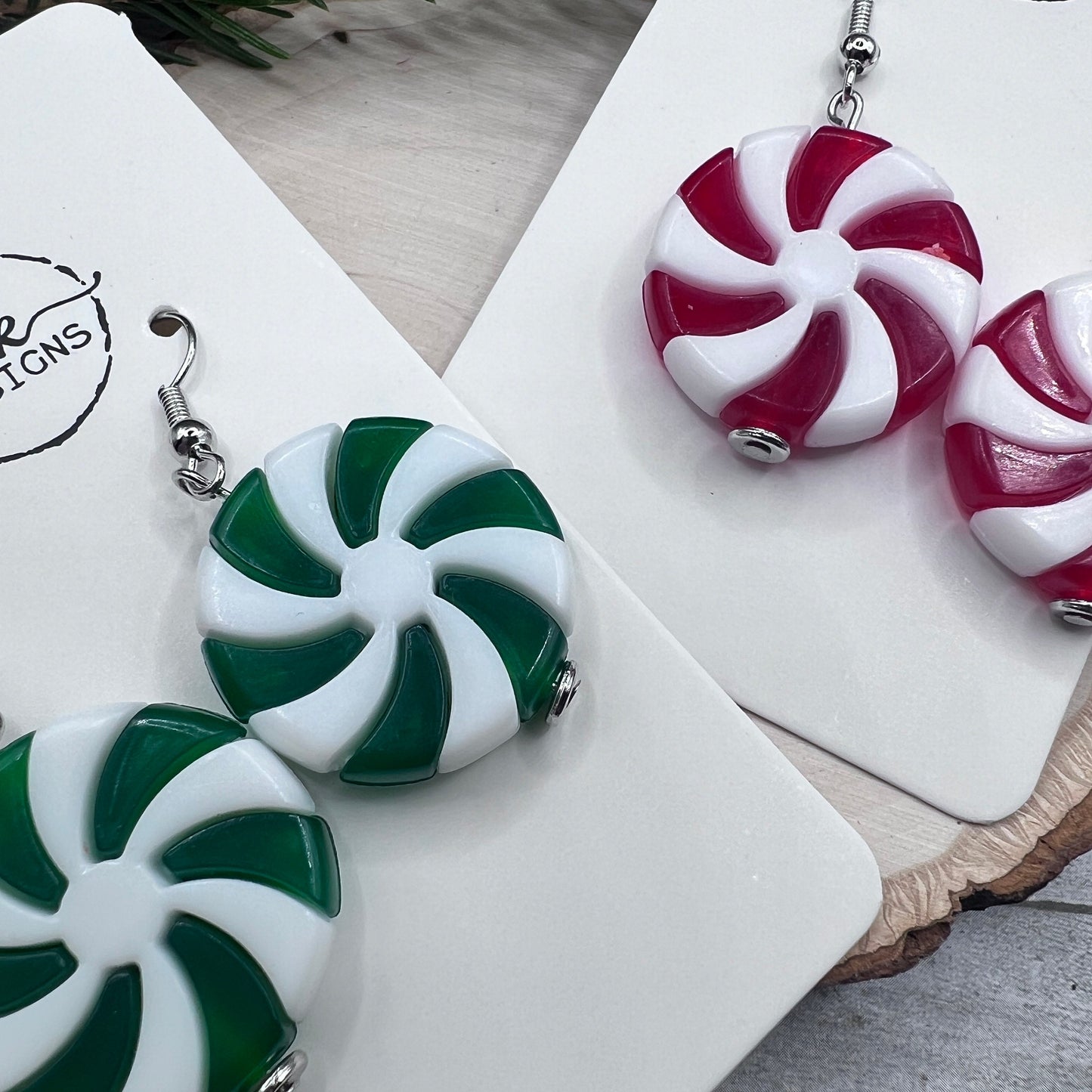 Peppermint Swirl Candy Wintergreen Red White Green Candy Cane Christmas Hypoallergenic  Lightweight Plastic Charm Earrings