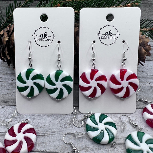 Peppermint Swirl Candy Wintergreen Red White Green Candy Cane Christmas Hypoallergenic  Lightweight Plastic Charm Earrings