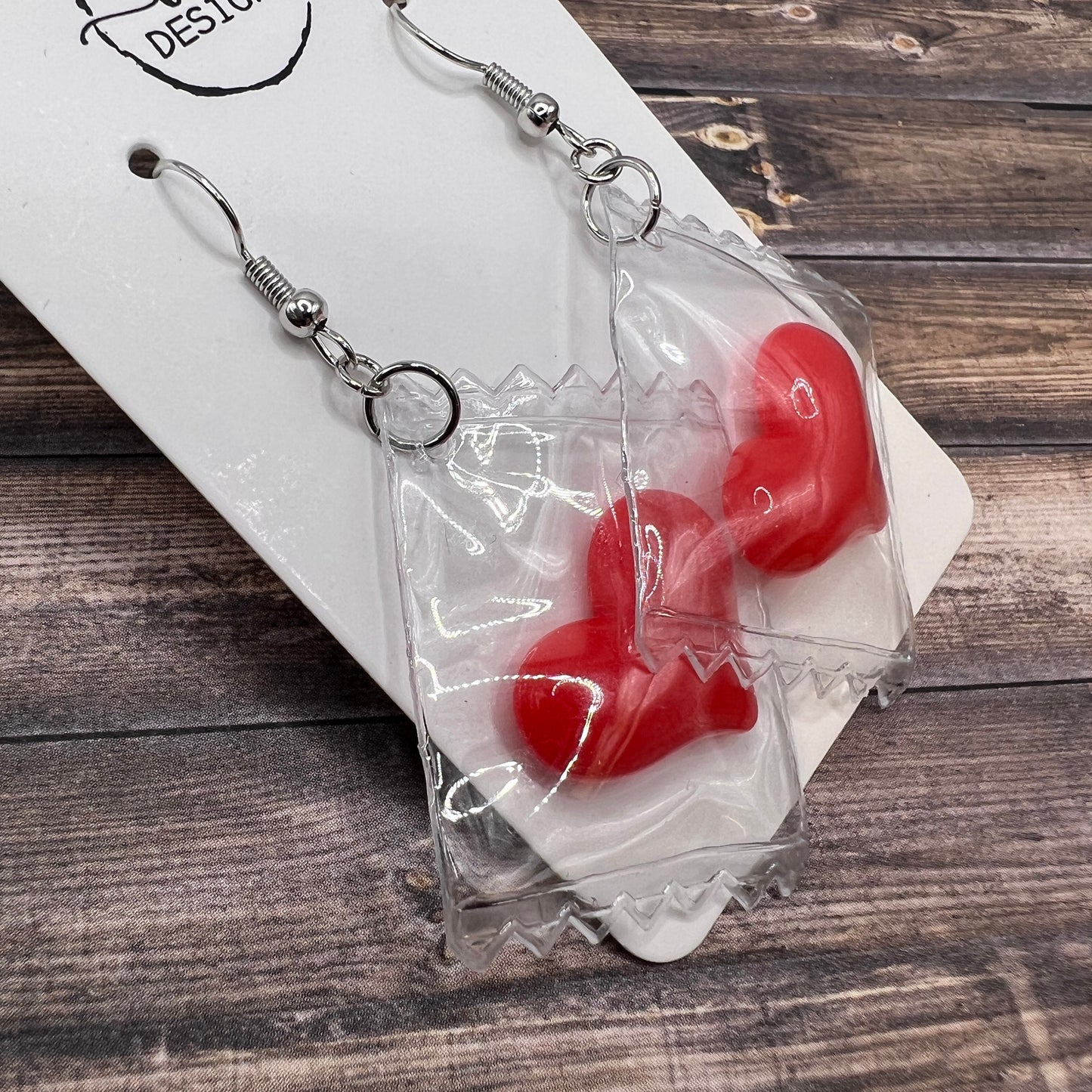 Plastic Wrapped Candy Heart Valentine Earrings, Hypoallergenic, Valentine's Gift - Clearance