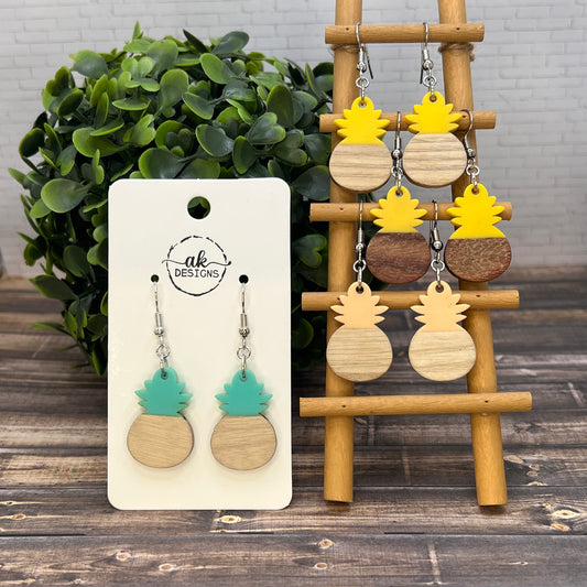 Pineapple Resin Wood  Earrings Hypoallergenic Yellow Teal Blue Peach - Clearance