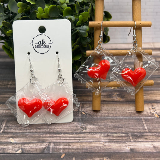 Plastic Wrapped Candy Heart Valentine Earrings, Hypoallergenic, Valentine's Gift - Clearance