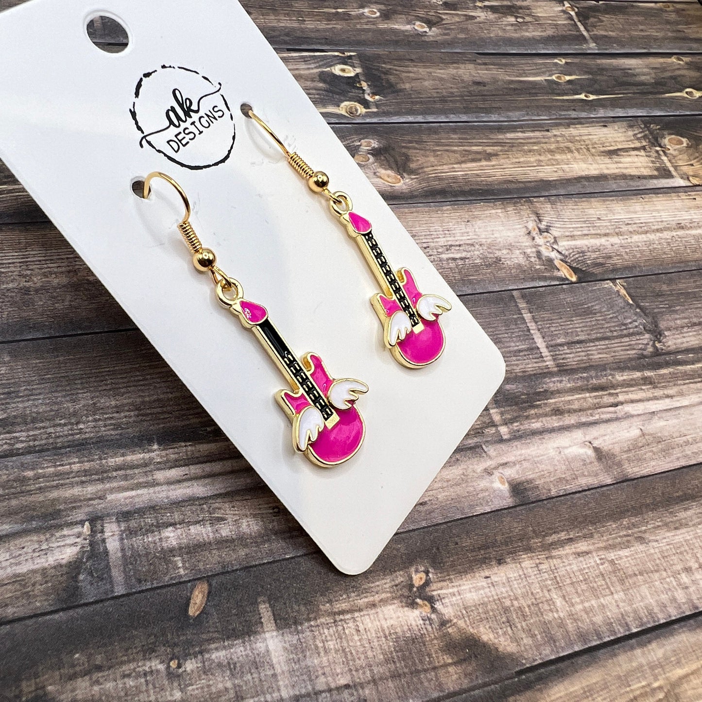 Pink Winged Bass Guitar Hypoallergenic Brass Enamel Music Themed Gift  Earrings