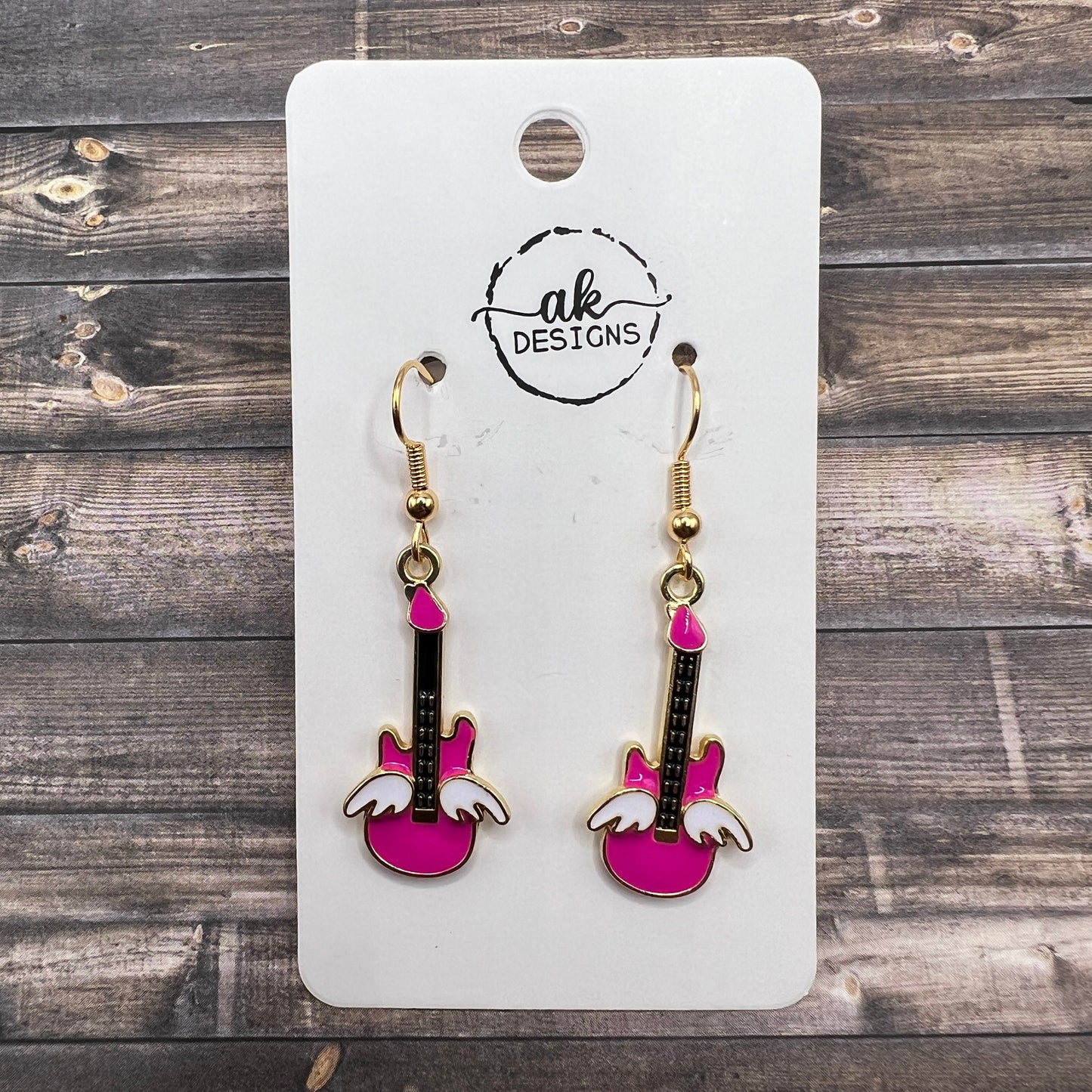 Pink Winged Bass Guitar Hypoallergenic Brass Enamel Music Themed Gift  Earrings