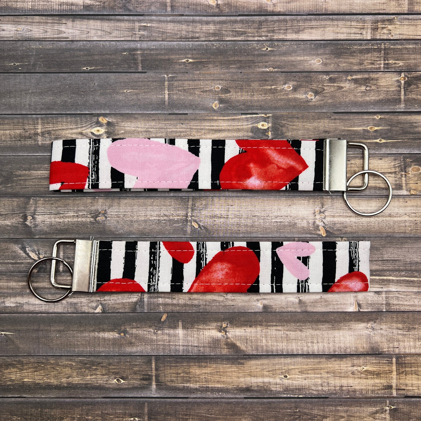 Handmade Red White Pink Heart Striped Valentine’s Day 6" Fabric Key Fob Keyfob Keychain Wristlet Keys