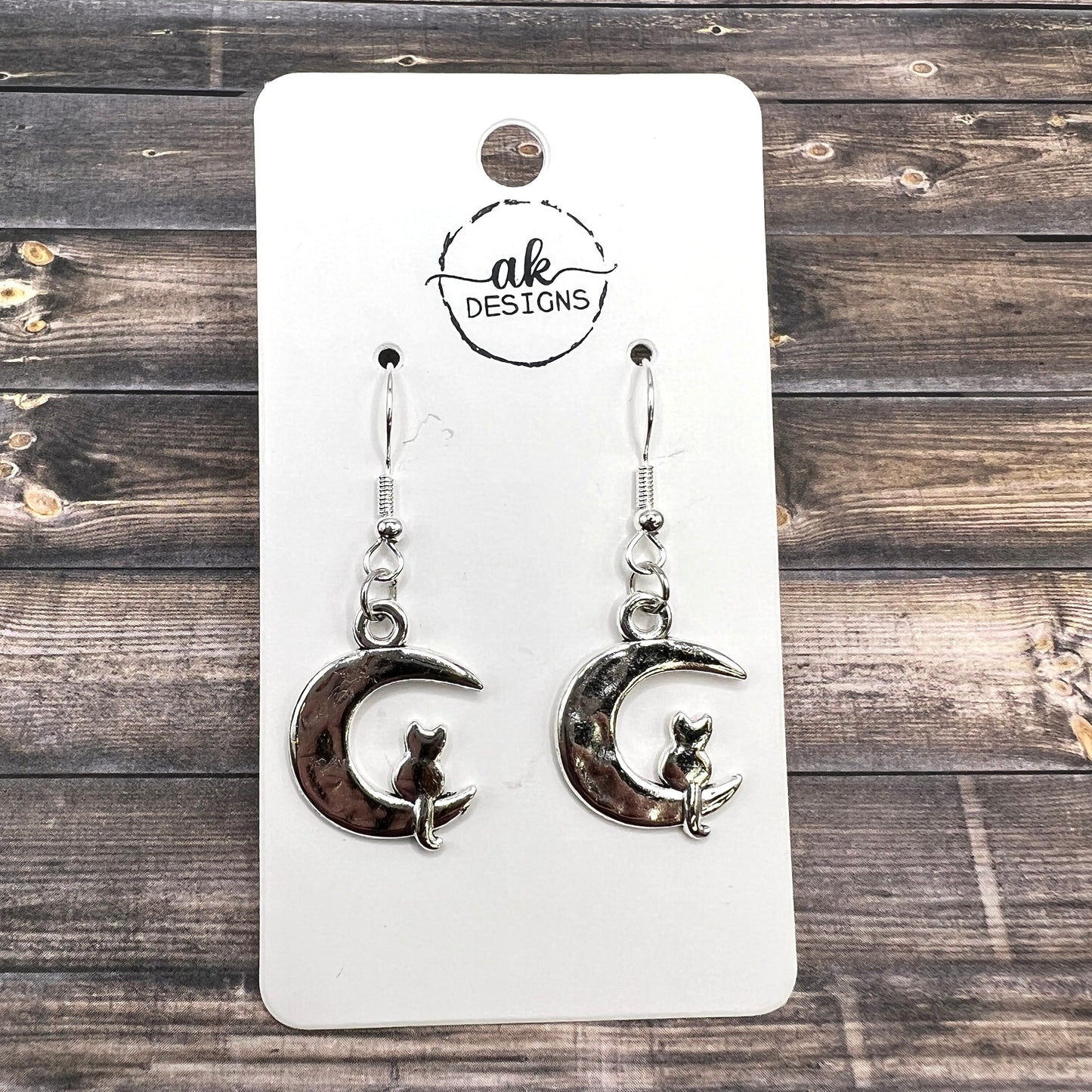 Silver Cat and Moon  Earrings Petite Lightweight Hypoallergenic Hooks, Option for Sterling Silver Hooks Available