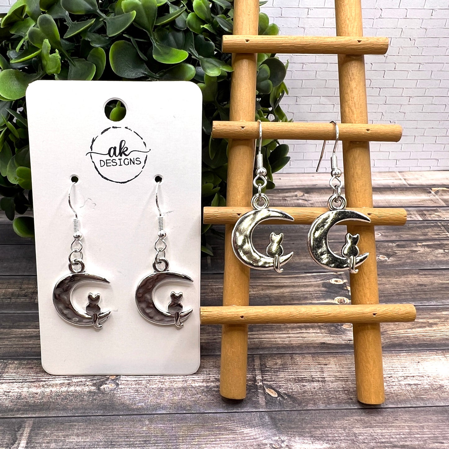 Silver Cat and Moon  Earrings Petite Lightweight Hypoallergenic Hooks, Option for Sterling Silver Hooks Available