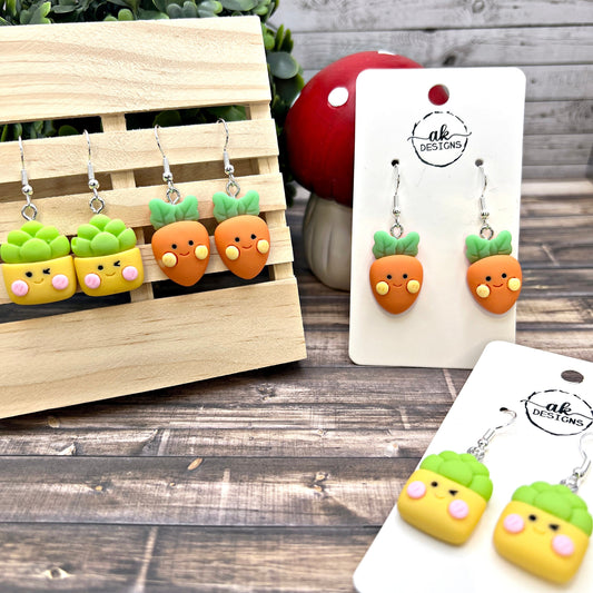 Kawaii Carrot or Artichoke Cartoon Cute Food Theme Vegetable  Earrings, Hypoallergenic Gift - Clearance