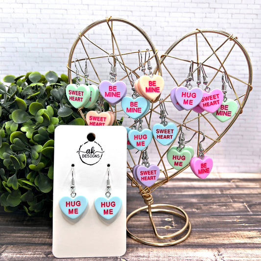 Valentine Conversation Heart Earrings Hug Me Sweet Heart Be Mine Candy  Hypoallergenic Gift