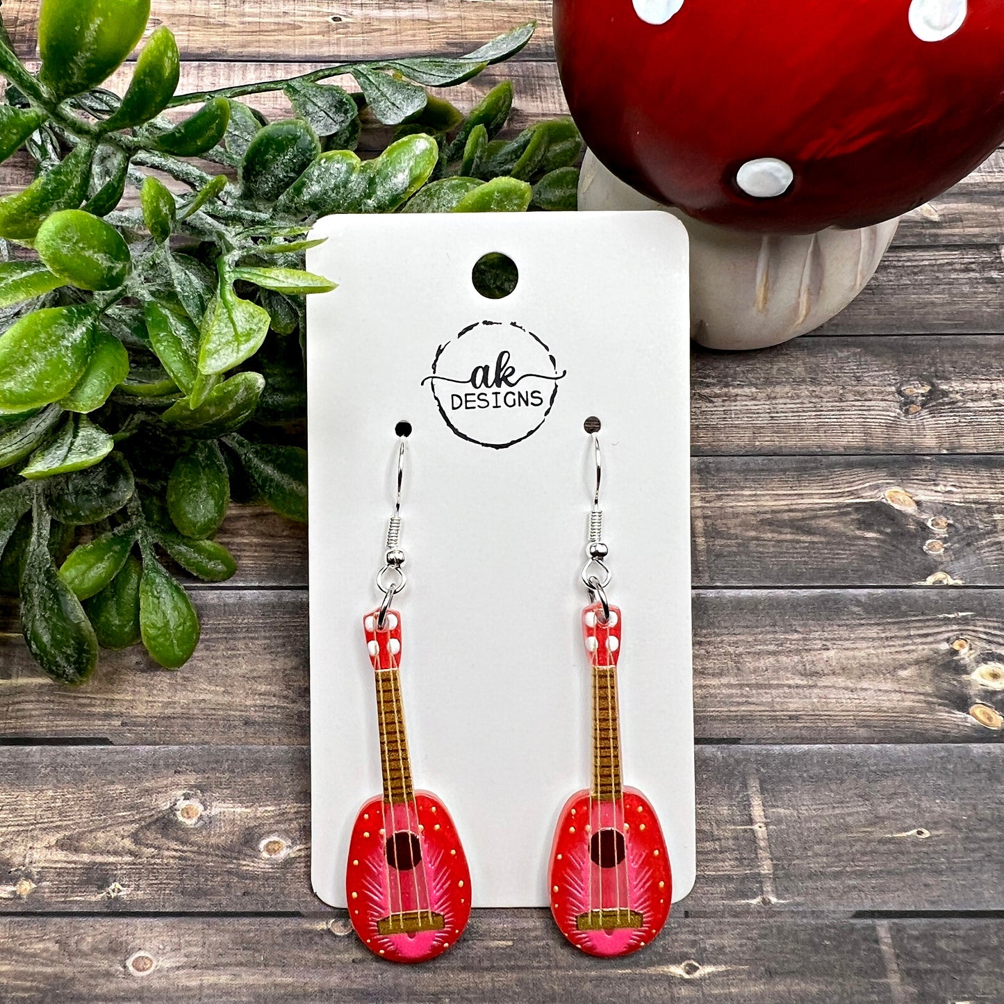 Mini Guitar Fruit Themed Lightweight  Earrings, Hypoallergenic Musician Gift