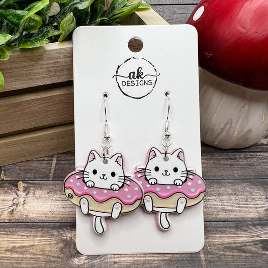 Donut / Doughnut White Kitty Acrylic Cat  Earrings, Hypoallergenic Gift