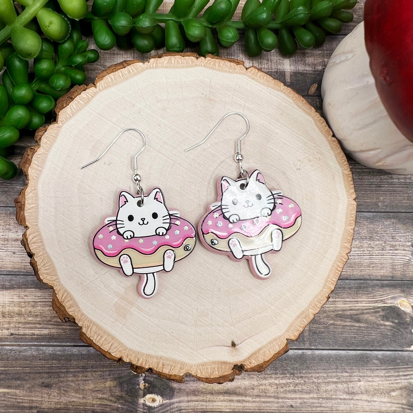 Donut / Doughnut White Kitty Acrylic Cat  Earrings, Hypoallergenic Gift