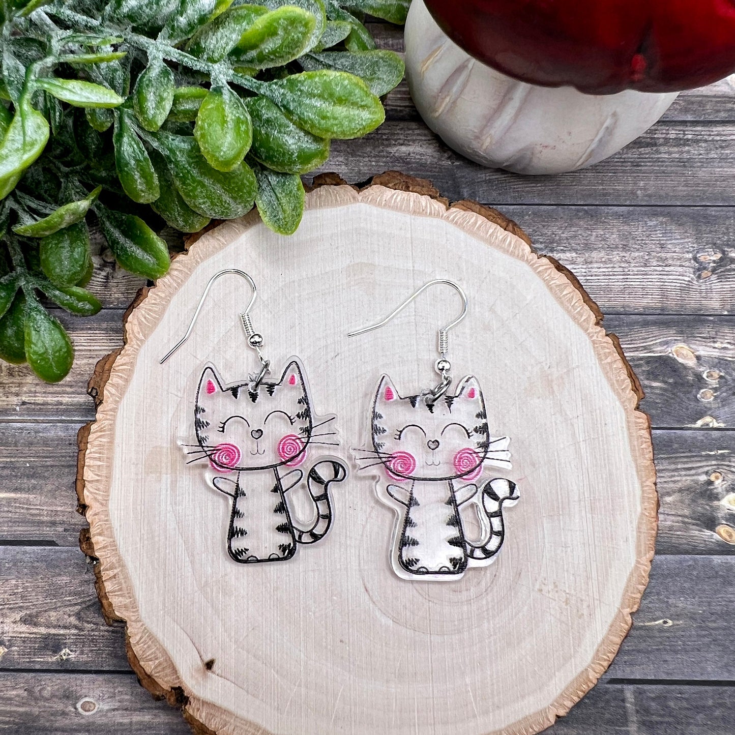 Clear Acrylic Black and White Kitty Cat Rosy Cheeks  Earrings, Hypoallergenic Gift