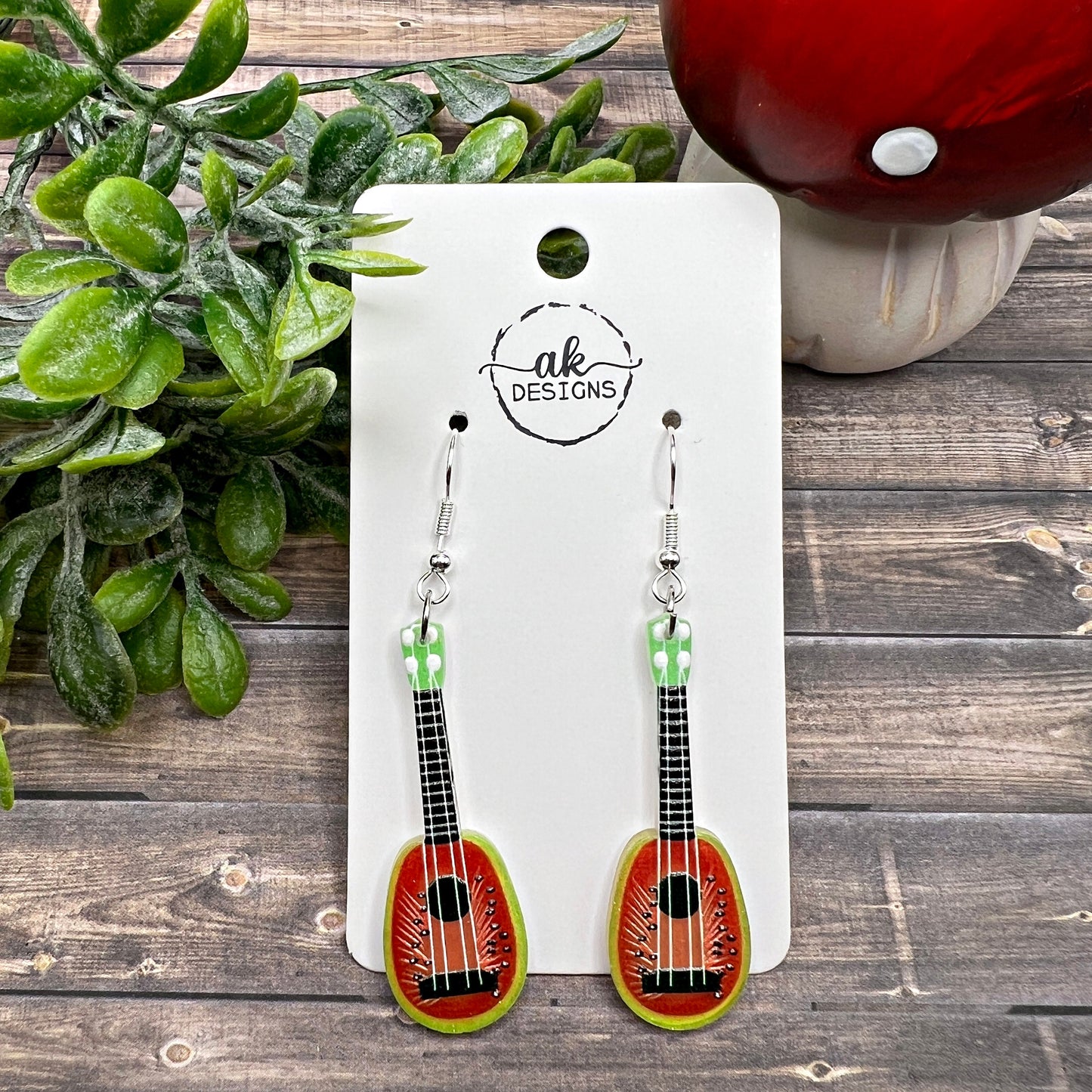 Mini Guitar Fruit Themed Lightweight  Earrings, Hypoallergenic Musician Gift