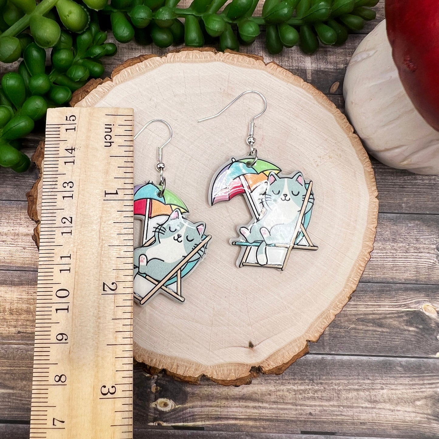 Vacationing Beach Chair Relaxing Grey and White Acrylic Cat  Earrings, Hypoallergenic Gift