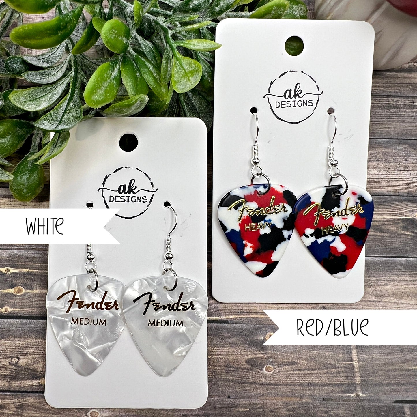 Genuine Fender Authentic Guitar Pick Music Earrings, Hypoallergenic, Choice of Colors, Stainless Steel, Titanium, Sterling Silver