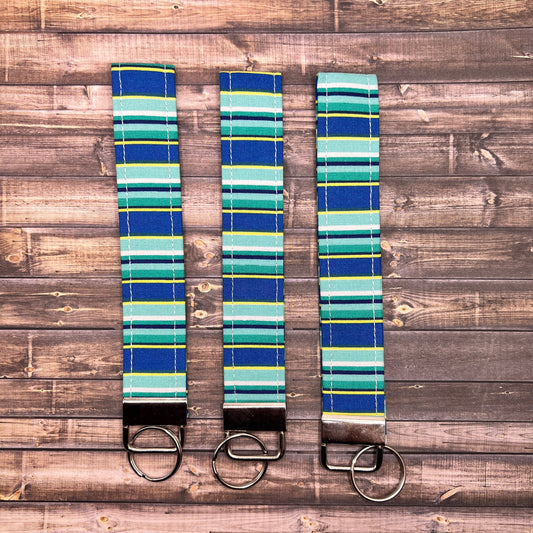 Handmade Keyfob Key Fob Green Blue Turquoise Beachy Colors Striped Pattern Cotton Pattern 6" Keychain Key Holder Wristlet