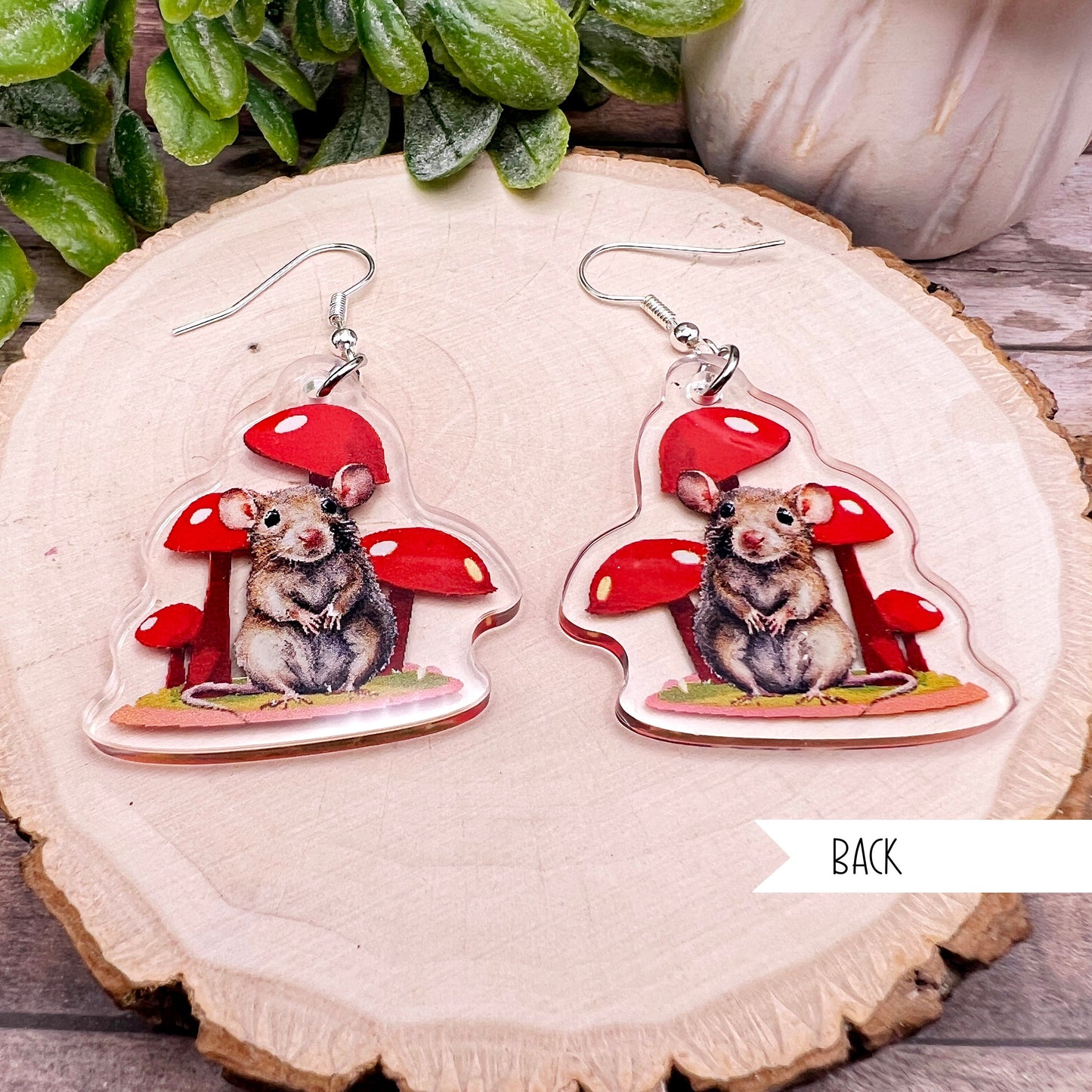 Watercolor Mushroom Mouse  Earrings Whimsical Acrylic Hypoallergenic Silver Hooks Animal  Gift
