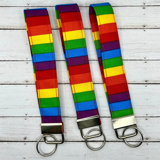 Handmade Rainbow Stripe 6" Fabric Key Fob Keyfob Keychain Wristlet Keys, Pride Month LGBTQ+