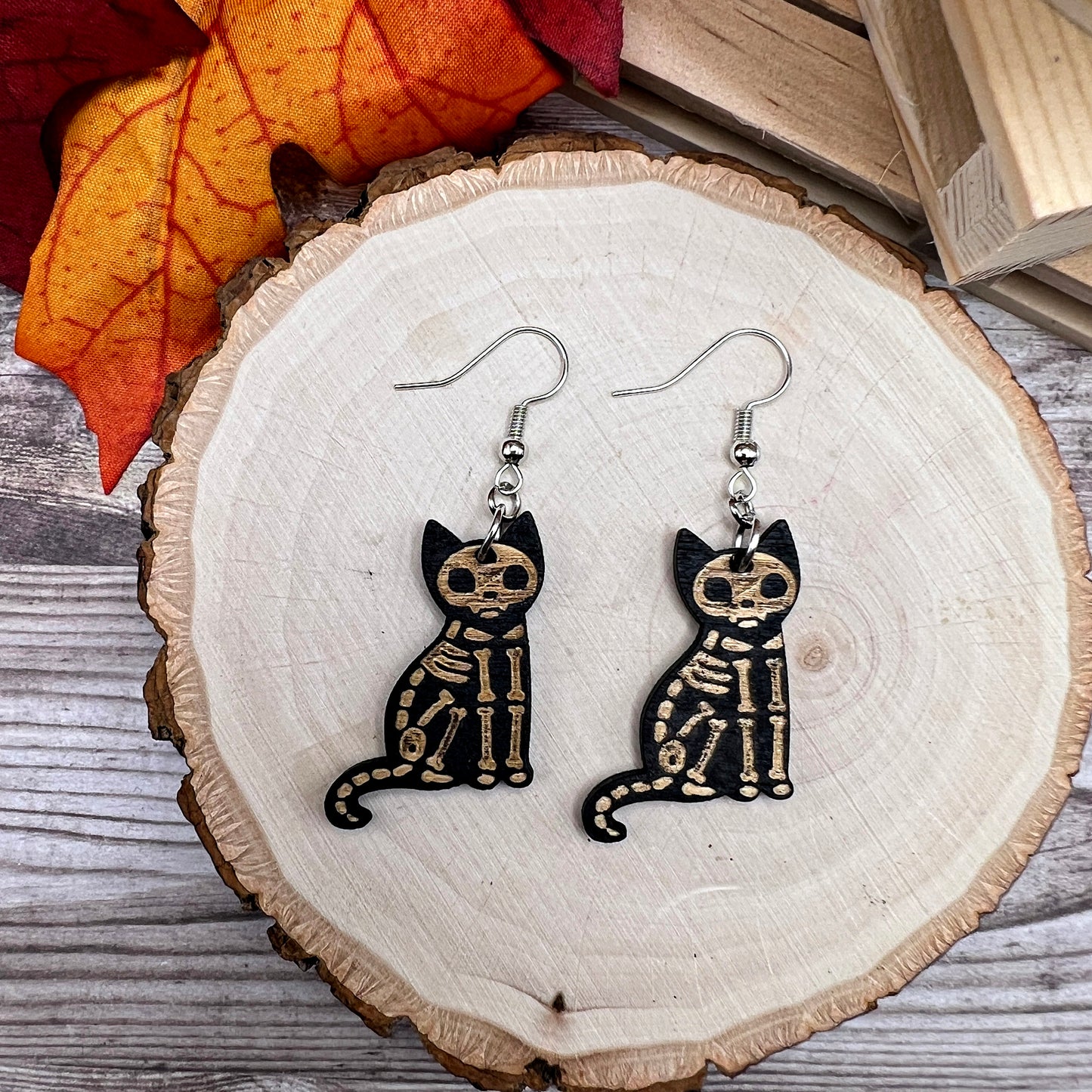 Painted Wood Black Skeleton Cat Creepy Halloween Hypoallergenic  Earrings