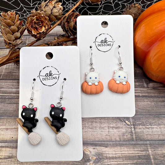 Kitty Pumpkin or Broomstick Cat, Halloween Spooky Season, Silver/Silver-tone  Earrings, Hypoallergenic Gift
