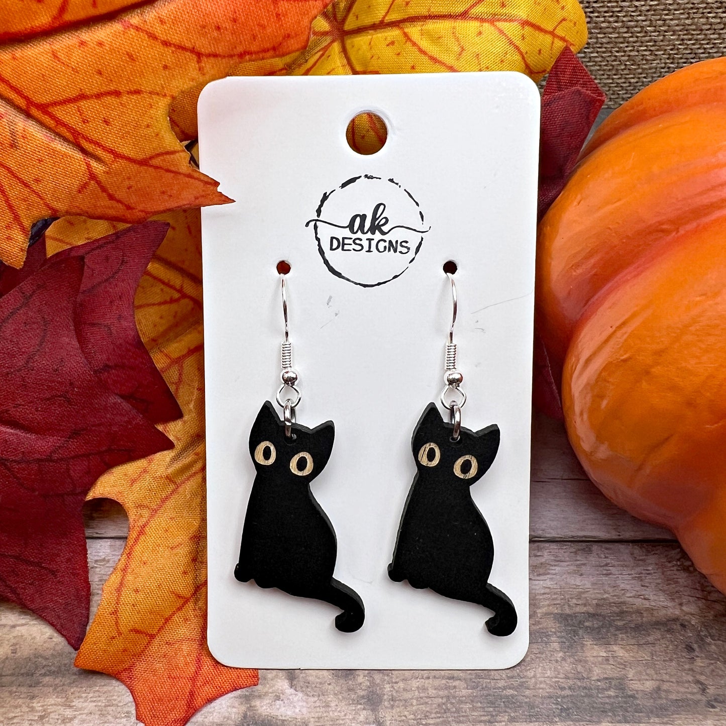 Spooky Black Halloween Cat Painted Wood Hypoallergenic  Earrings