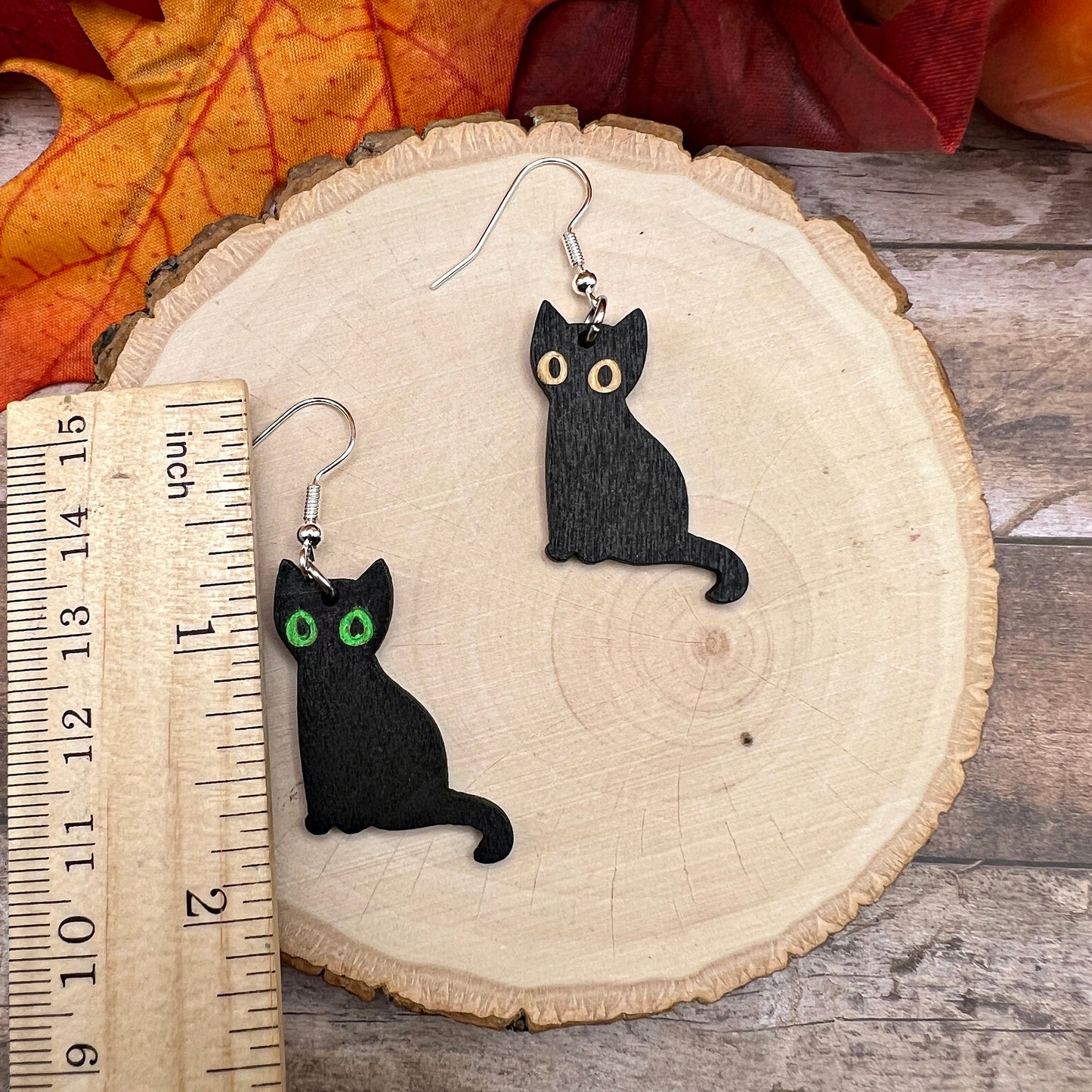 Spooky Black Halloween Cat Painted Wood Hypoallergenic  Earrings