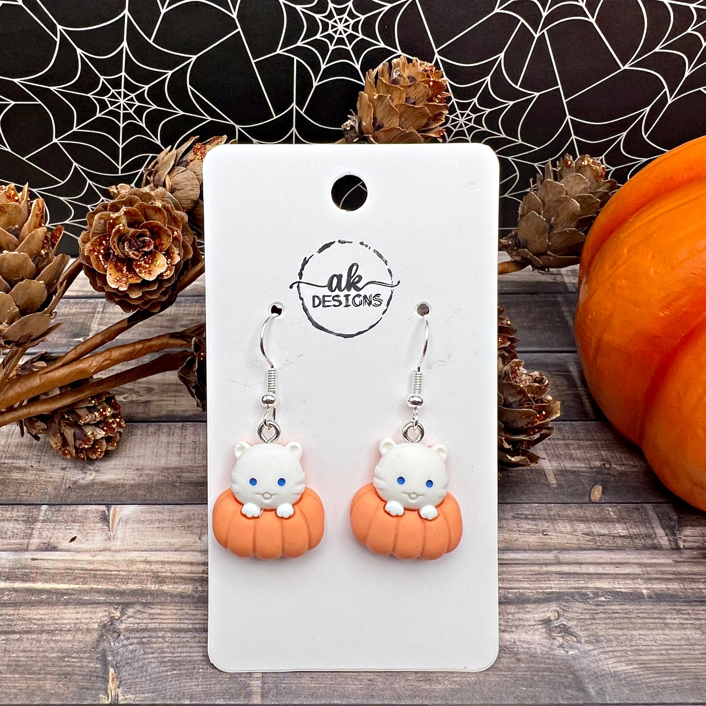 Kitty Pumpkin or Broomstick Cat, Halloween Spooky Season, Silver/Silver-tone  Earrings, Hypoallergenic Gift